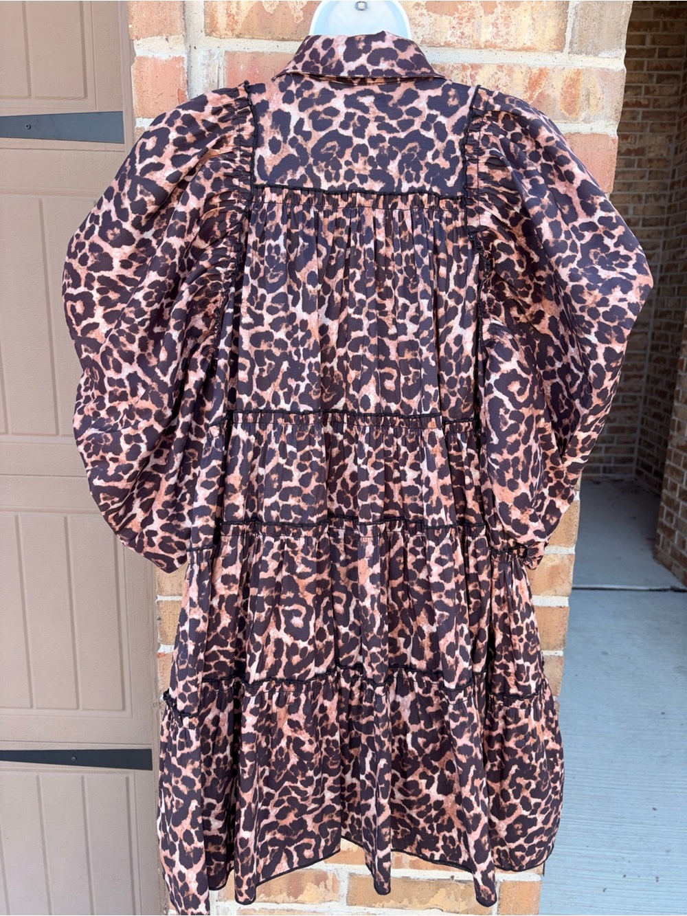 Leopard Print Tiered Mini Dress Puff Sleeve Button Front Babydoll Dress Large - Picture 6 of 8